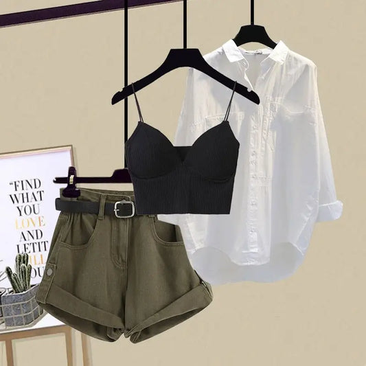 Primavera/verão moda feminina conjunto 2023 nova edição coreana idade reduzindo estilingue camisa casual shorts conjunto de três peças