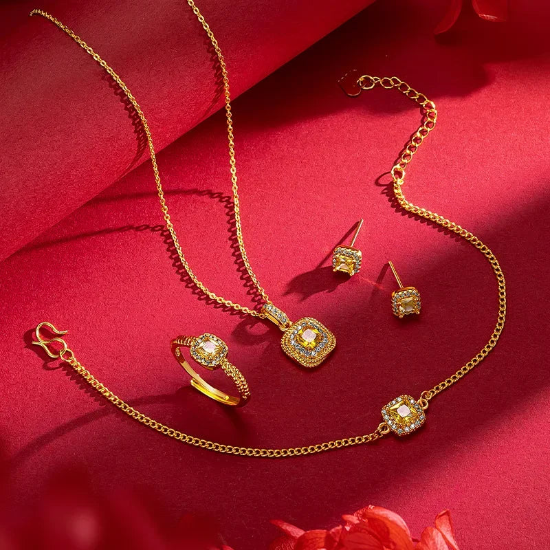 Conjunto de colar de doces em ouro 24K 9999 de alta qualidade | Pulseira/anel feminino Flash pequeno diamante amarelo | Brincos doces leves e luxuosos