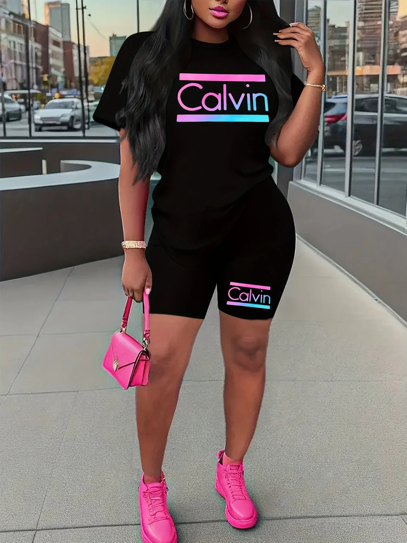Verão feminino casual solto e elegante calvin impressão em torno do pescoço manga curta camiseta + shorts conjunto de duas peças
