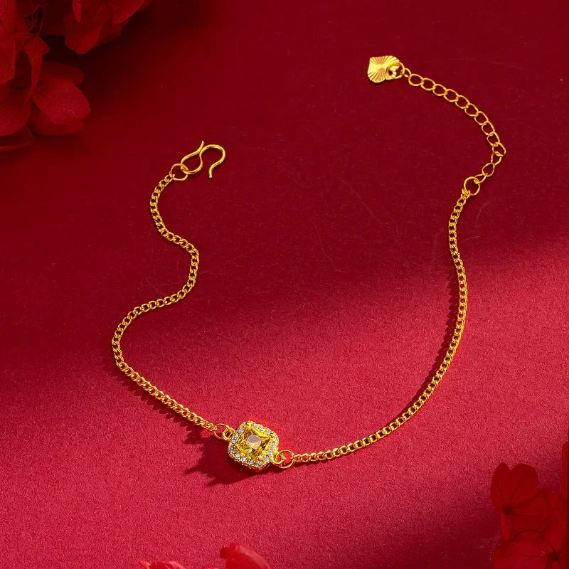 Conjunto de colar de doces em ouro 24K 9999 de alta qualidade | Pulseira/anel feminino Flash pequeno diamante amarelo | Brincos doces leves e luxuosos