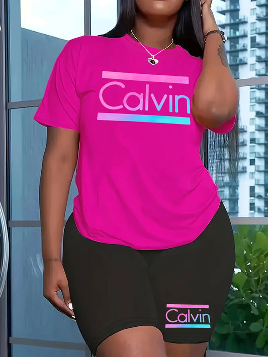 Verão feminino casual solto e elegante calvin impressão em torno do pescoço manga curta camiseta + shorts conjunto de duas peças