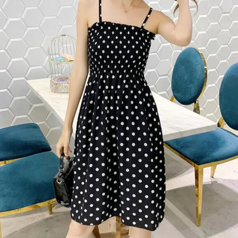 Verão mini vestidos moda feminina elástica cintura alta casual cinta de espaguete sem mangas vestido feminino vestidos de chiffon