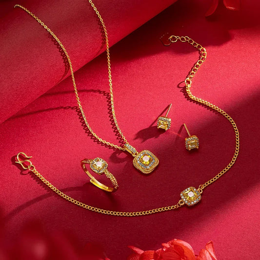 Conjunto de colar de doces em ouro 24K 9999 de alta qualidade |   Pulseira/anel feminino Flash pequeno diamante amarelo |   Brincos doces leves e luxuosos