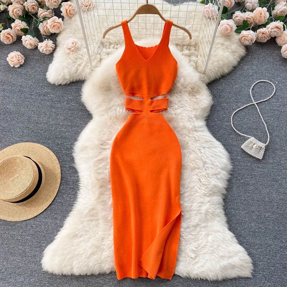 Yuoomuoo vestido feminino sexy corte cintura pacote quadris dividir bodycon vestido verão moda senhora malha festa vestidos de verão