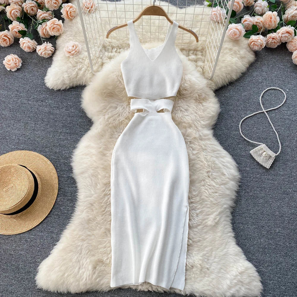 Yuoomuoo vestido feminino sexy corte cintura pacote quadris dividir bodycon vestido verão moda senhora malha festa vestidos de verão