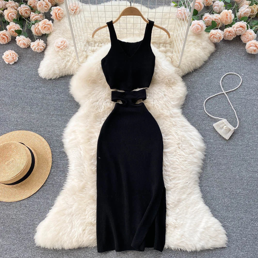 Yuoomuoo vestido feminino sexy corte cintura pacote quadris dividir bodycon vestido verão moda senhora malha festa vestidos de verão