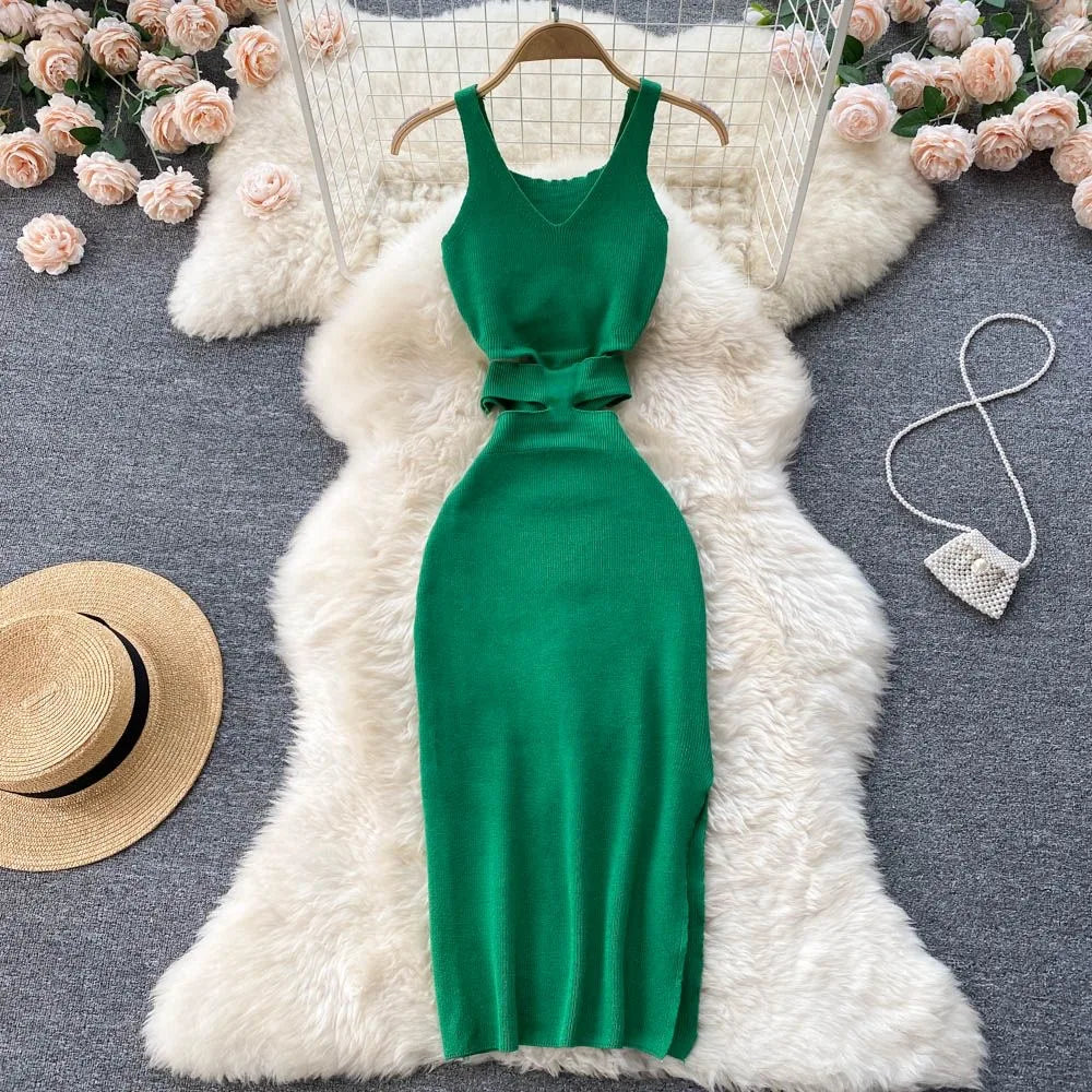 Yuoomuoo vestido feminino sexy corte cintura pacote quadris dividir bodycon vestido verão moda senhora malha festa vestidos de verão