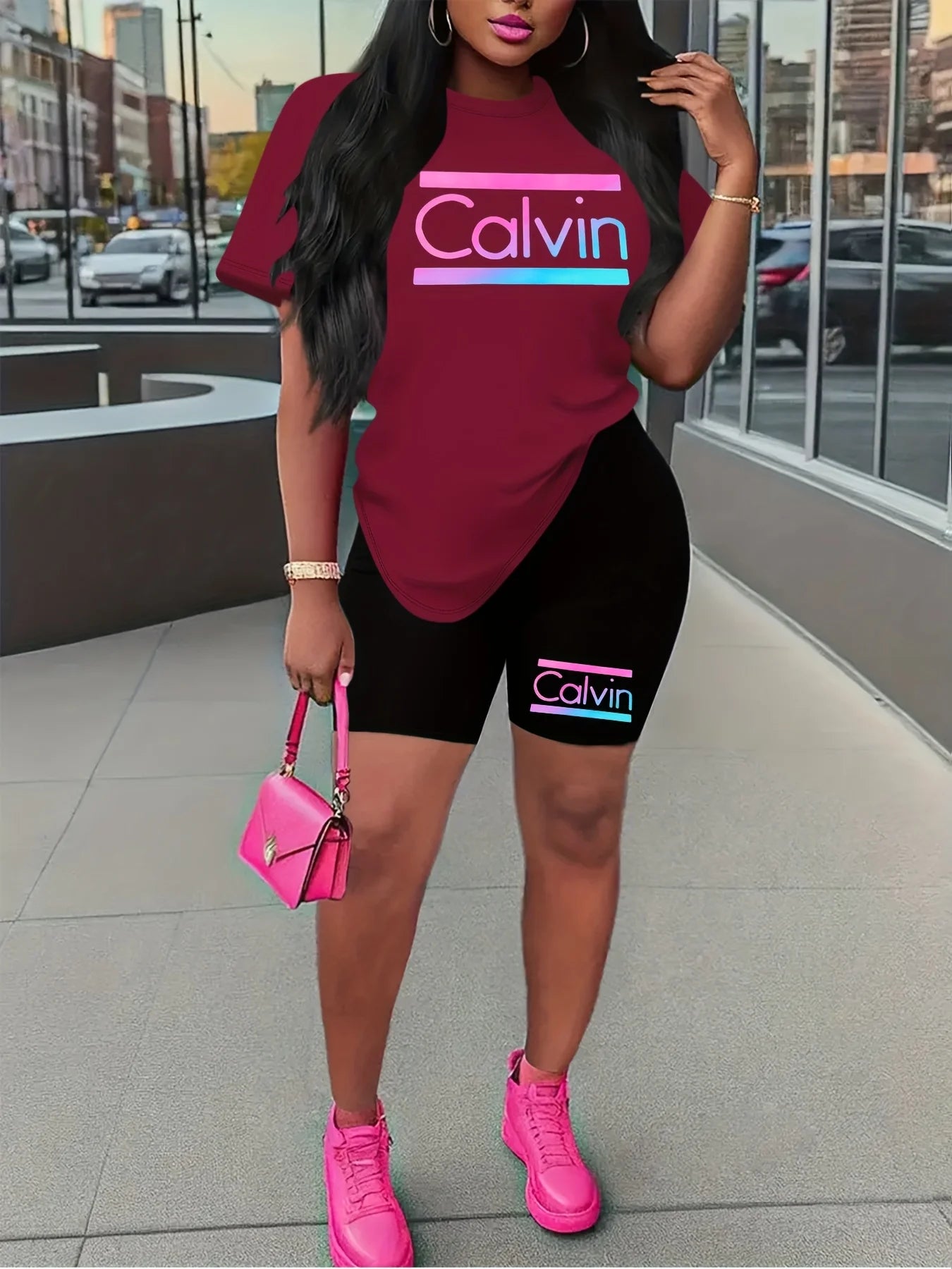 Verão feminino casual solto e elegante calvin impressão em torno do pescoço manga curta camiseta + shorts conjunto de duas peças