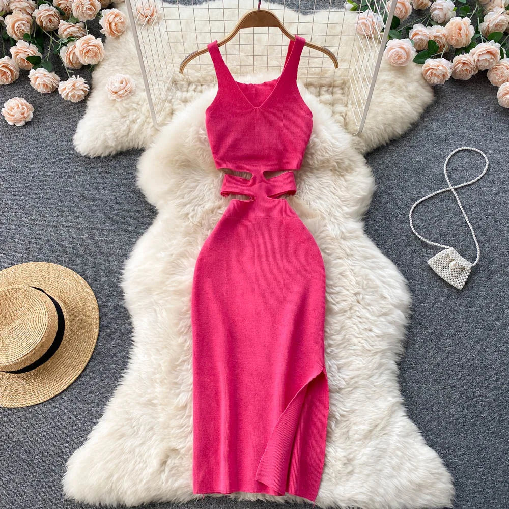 Yuoomuoo vestido feminino sexy corte cintura pacote quadris dividir bodycon vestido verão moda senhora malha festa vestidos de verão