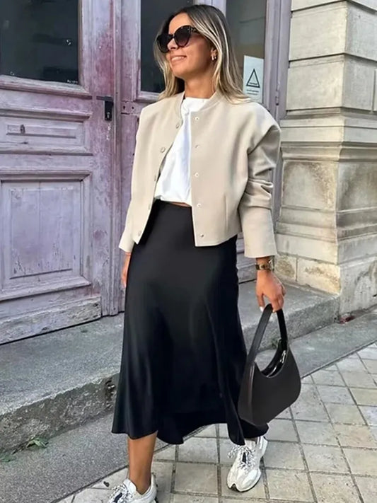 Muyer mulher 2025 saia de cetim feminina cintura alta saias longas para as mulheres verão preto midi saia mulher escritório elegante saias femininas