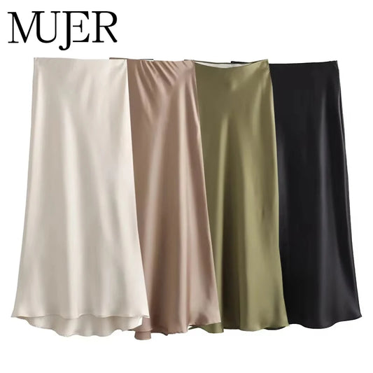 Muyer mulher 2025 saia de cetim feminina cintura alta saias longas para as mulheres verão preto midi saia mulher escritório elegante saias femininas