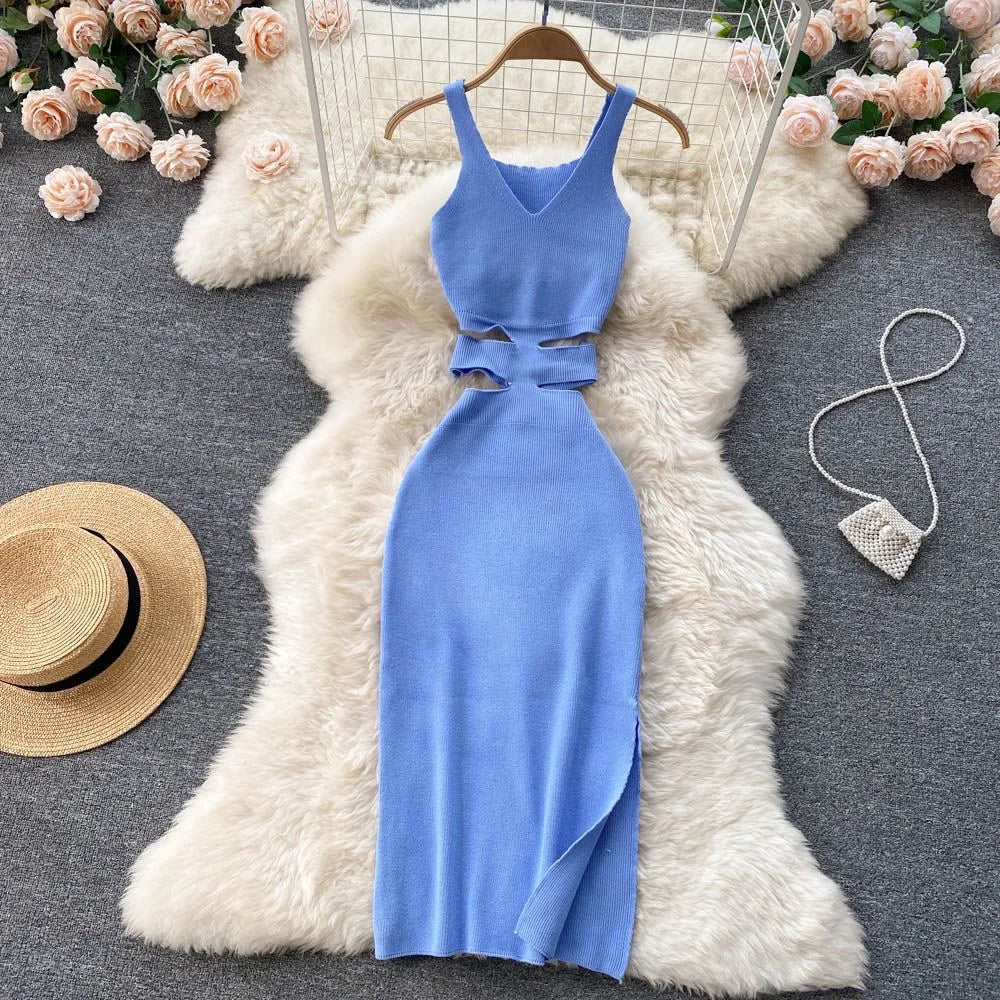 Yuoomuoo vestido feminino sexy corte cintura pacote quadris dividir bodycon vestido verão moda senhora malha festa vestidos de verão